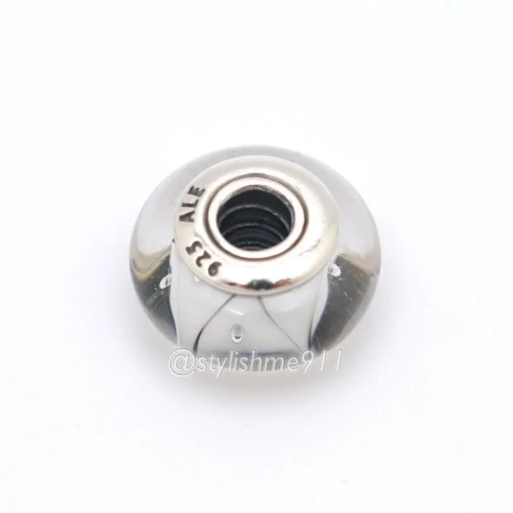 Authentic PANDORA Sterling Silver White Zig-Zag Murano Glass Bead Charm